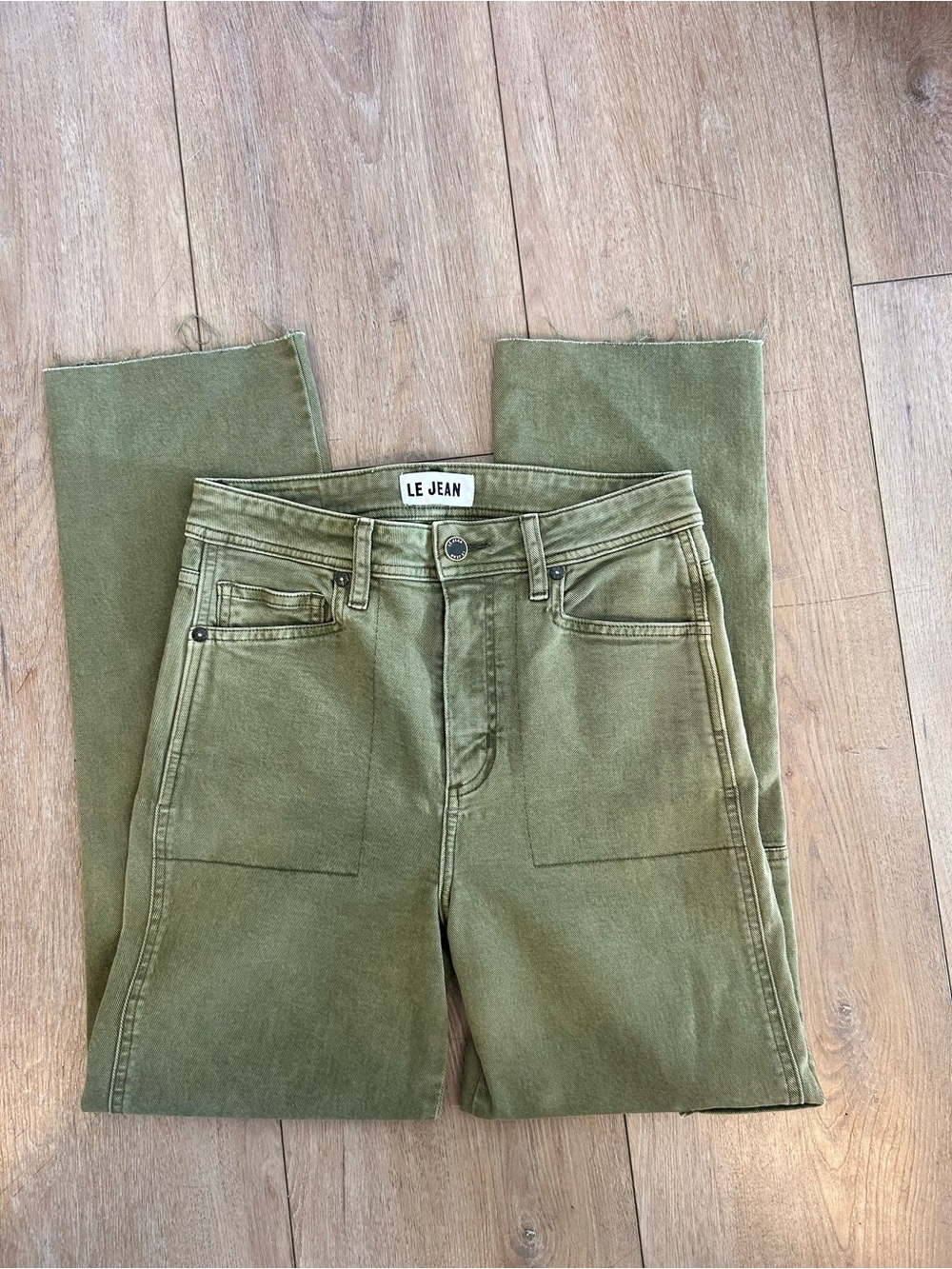 LE JEAN Army Green Straight-Leg Utility Jeans Raw Hem